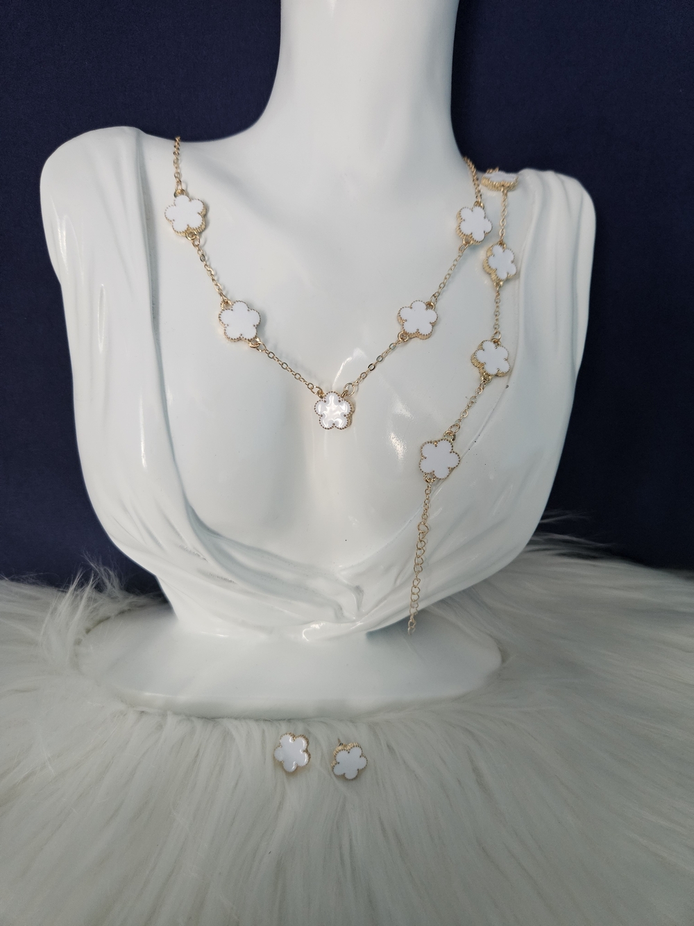 Stainless Necklace, Bracelet and Stud Earrings Set with White Clover Accents